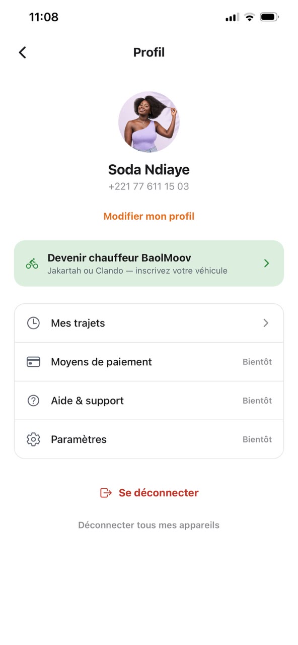 Écran de profil d'un passager Foojem